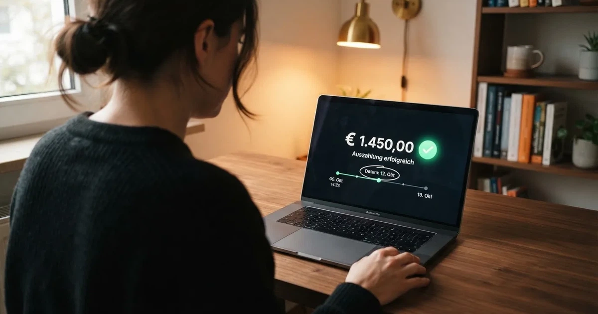 Person prüft am Laptop eine Kontoübersicht mit Auszahlungsstatus und Kalenderdatum.